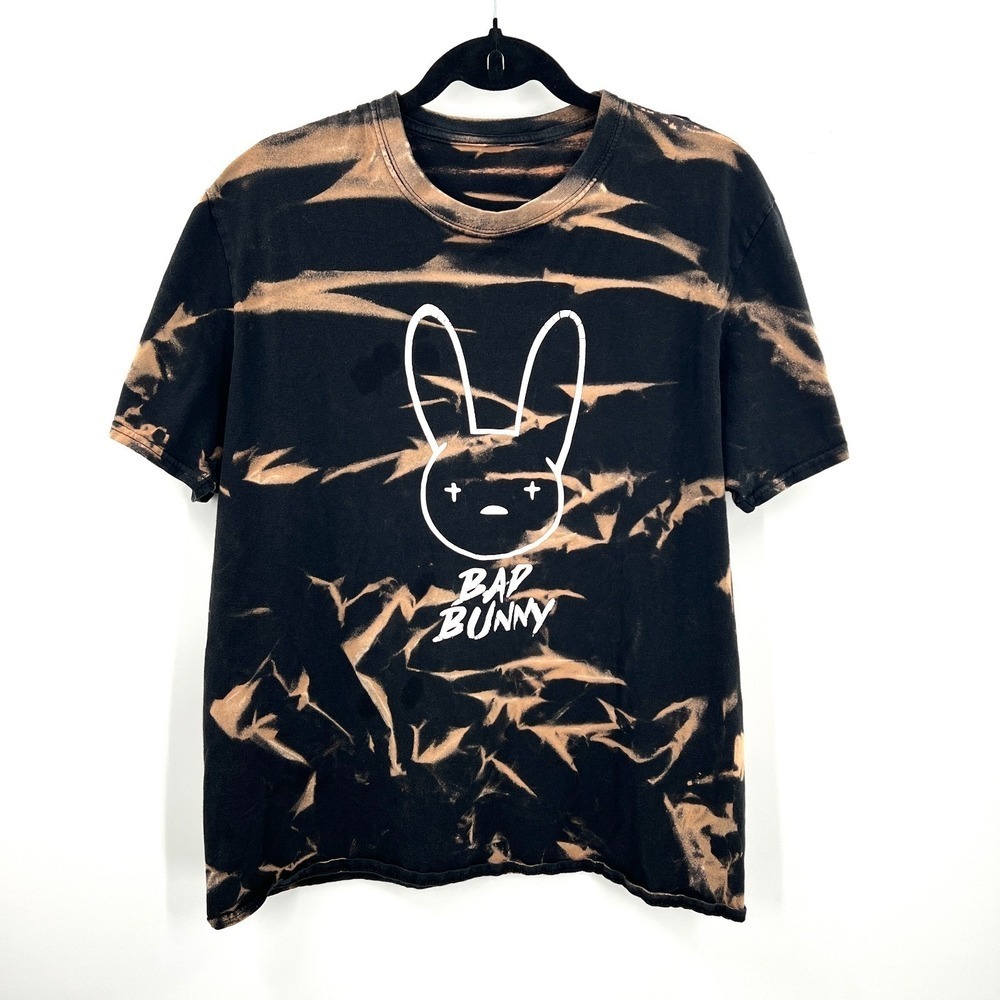Bad Bunny bleach dyed t-shirt top distressed graphic band concert tee L